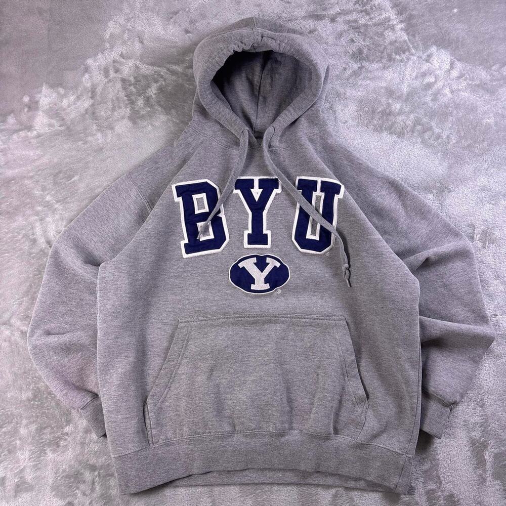 Vintage E5 BYU Hoodie Mens Medium Gray Brigham Young University Spellout Cougars